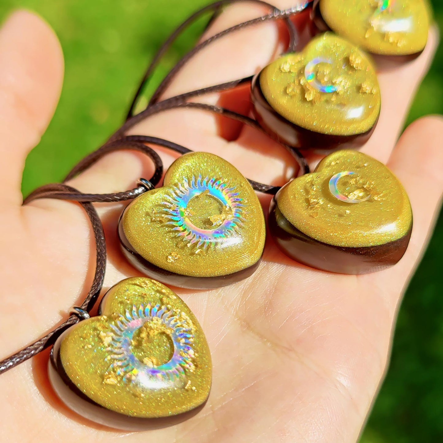 Kids or Pets Heart Shape Orgonite Necklace with Celestial Symbols For Solar Plexus Chakra